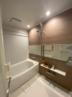 浴室　ブラウン系のアクセントパネルが特徴の浴室